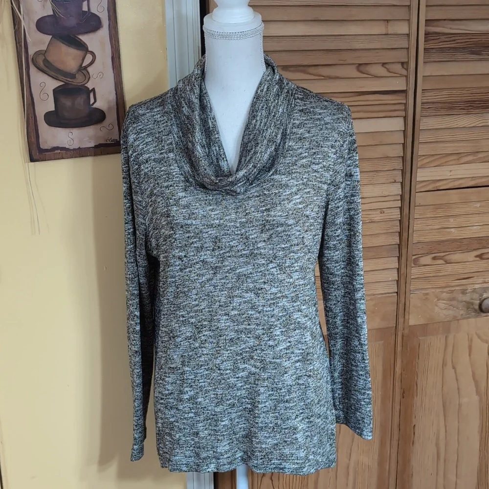 Chico's 2 Multitone Black Heathered Gold Metallic Cowl Neck Sweater Hi-Low L